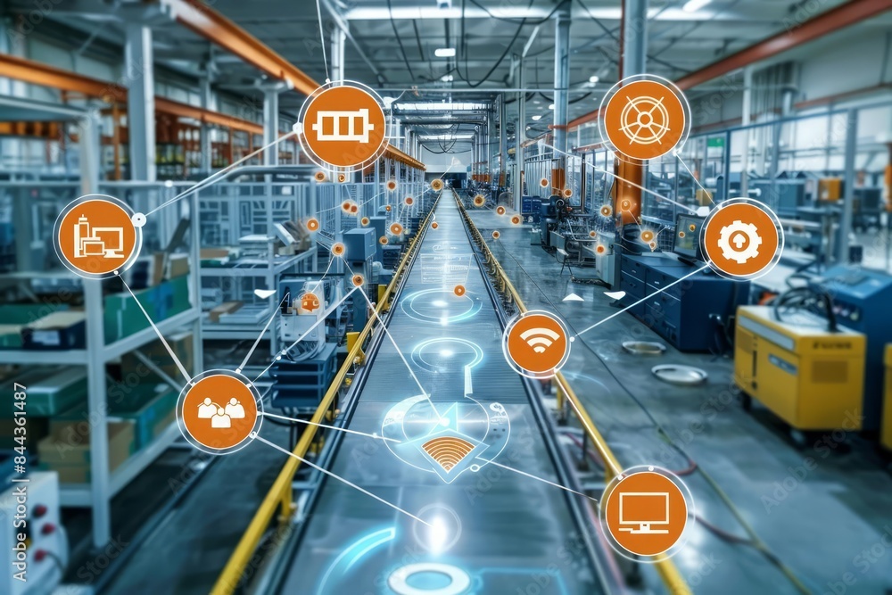 Aufkleber an industrial internet of things iiot network connecting devices and sensors across a modern factory