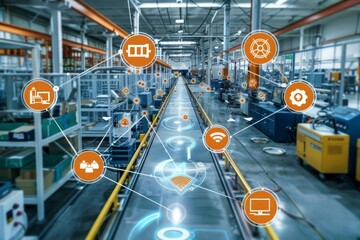 An Industrial Internet of Things IIoT network connecting devices and sensors across a modern factory floor