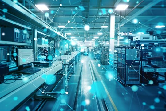An Industrial Internet of Things IIoT network connecting devices and sensors across a modern factory floor