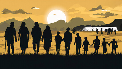 Fototapeta premium Silhouette of a group of refugees walking towards a camp