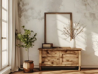 Vintage living room with wood cabinet and blank poster frame