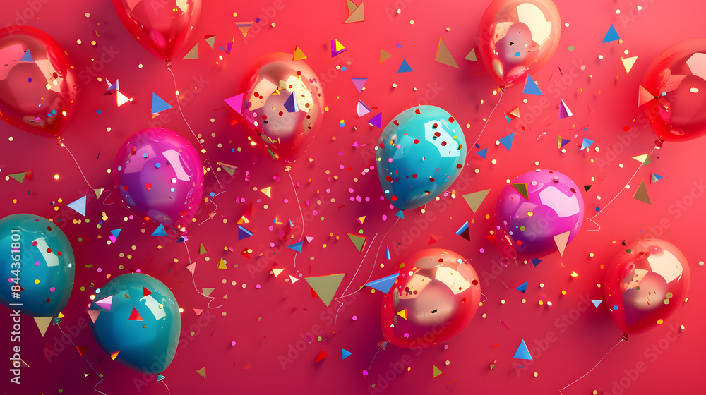 Poster colorful balloons and triangular sequins scattered on a red background