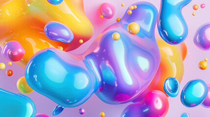 Abstract 3D shapes in bright colors with liquid-like gradients floating on a light background.