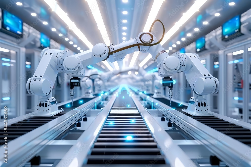 Poster industrial automation with robotic arms and autonomous vehicles operating seamlessly in a hightech p