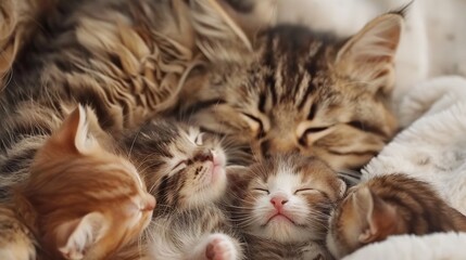 Kittens sucking milk from their mother. 4 kittens in each litter. 