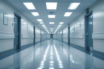 Obraz premium A long hallway with white walls and blue doors