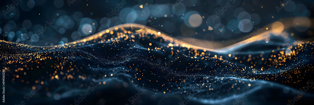 Poster dark blue and gold abstract background with glitter particles. bokeh light effects and wave shapes f