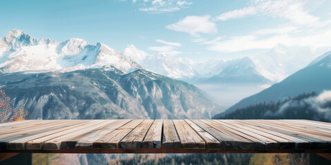 empty table top dais wooden podium platform and mountain background for hiking tourism outdoor travel tour, mountain climbing, camping products, equipment, clothing or footwear, food or drinks 