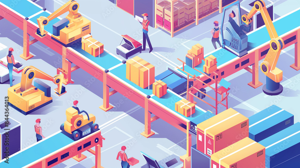 Poster isometric smart industrial factory, concept of automatic robot assembly in factory automatic system 