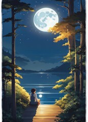 illustration of a lone person at night by moonlight in anime and cartoon style.