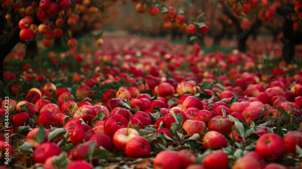 Poster a field of red apples with some of them falling to the ground