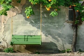 Tranquil Garden Swing and Orange Tree