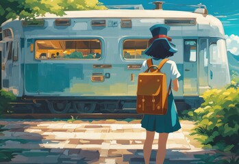 Illustration of a girl who loves traveling, carrying a suitcase, reading a travel guide in anime, watercolor and cartoon style.