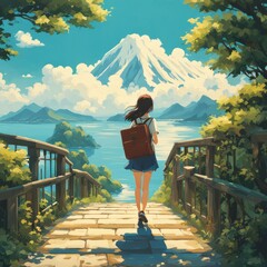 Illustration of a girl who loves traveling, carrying a suitcase, reading a travel guide in anime, watercolor and cartoon style.