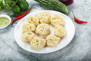 Nepali steamed dumplings  Momo with sause