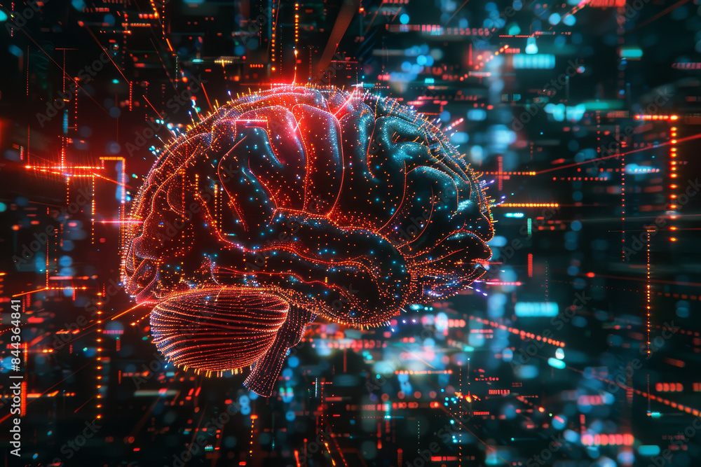 Poster a brain made of computer code is displayed in a futuristic cityscape