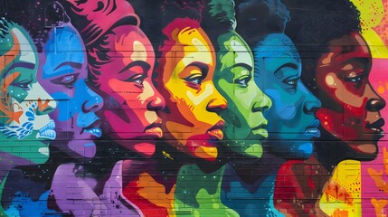 Obraz premium Vibrant street art mural featuring diverse faces in a spectrum of colors, celebrating unity and cultural diversity.