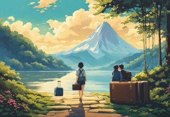 Illustration of a girl who loves traveling, carrying a suitcase, reading a travel guide in anime, watercolor and cartoon style.