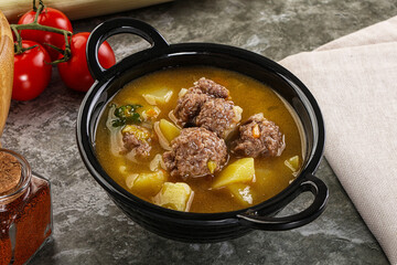 Soup with beef meatball and vegetables