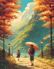 illustration of A man who loves traveling, carrying luggage, reading travel guides in the style of anime, cartoons and comics