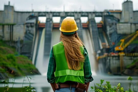 Hydropower Inspection, Female engineer in safety gear observing a dam with hydroelectric facilities.