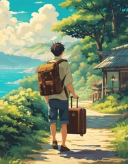 illustration of A man who loves traveling, carrying luggage, reading travel guides in the style of anime, cartoons and comics