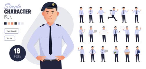 Simple flat male air force armed forces vector character in a set of multiple poses. Easy to edit and isolated on a white background. Modern trendy style character mega pack with lots of poses.