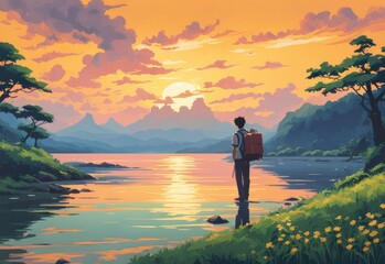 illustration of A man who loves traveling, carrying luggage, reading travel guides in the style of anime, cartoons and comics