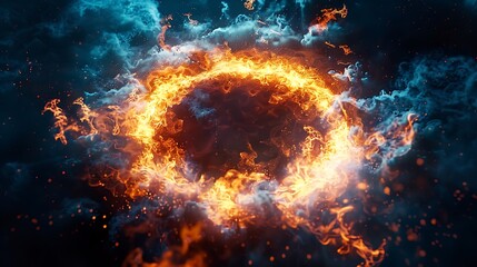 A dazzling fire ring with bright orange and white flames, illuminated against a deep navy background. 8k, realistic, full ultra HD, high resolution, and cinematic photography