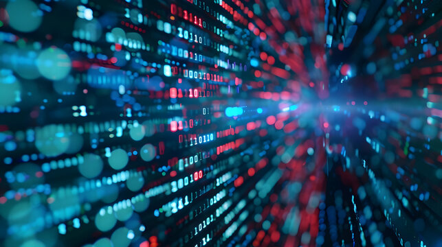 Digital background featuring an abstract. blurred view of computer code and data flowing in the foreground 