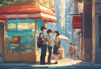 an Indian boy and girl discussing with each other while smiling kindly in a city with anime and cartoon style