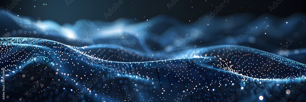 Poster digital background featuring an abstract digital wave with dots. visualization of data in motion.