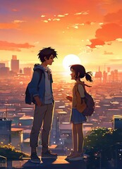 an Indian boy and girl discussing with each other while smiling kindly in a city with anime and cartoon style
