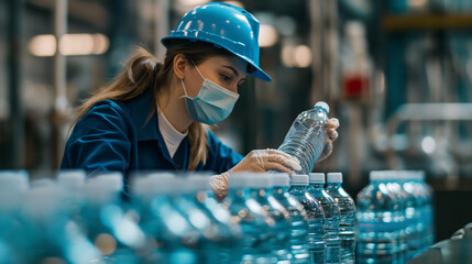 Professional factory workers inspect water bottles on production lines, drinking water production plants, warehouses at industrial plants.