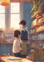 illustration of a boy falling in love with a girl. cartoon and anime style