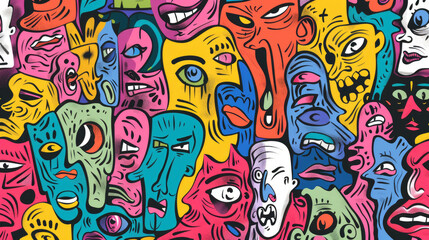 Obraz premium Expressive Hand-Drawn Faces in Colorful Doodle Pattern