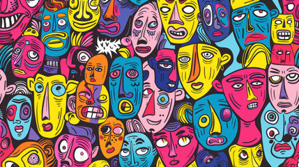Expressive Hand-Drawn Faces in Colorful Doodle Pattern