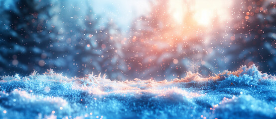 winter background of snow and frost with landscape of forest, Bokeh effect blue background