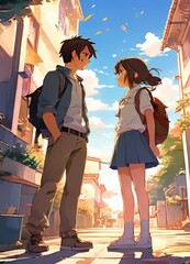 illustration of a boy falling in love with a girl. cartoon and anime style