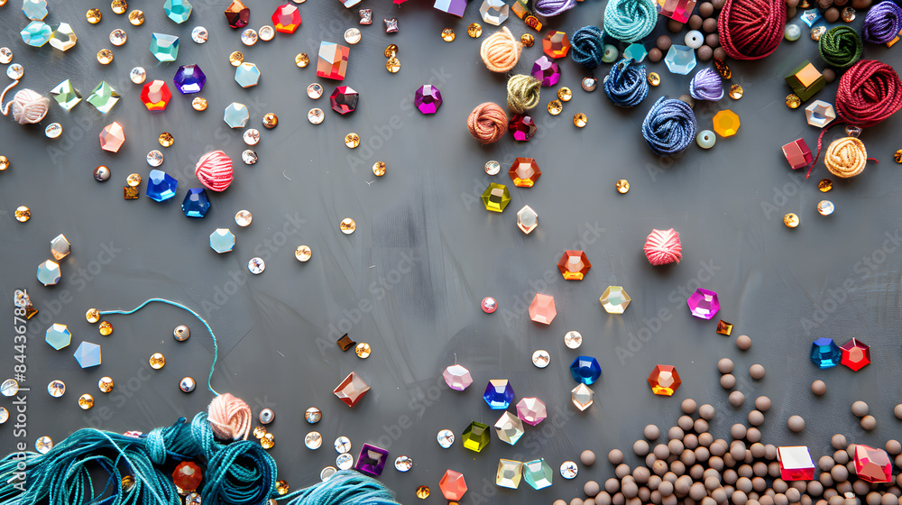 Poster embroidery floss and hexagonal gems scattered on a taupe background