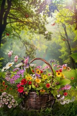 Fototapeta premium A Wicker Basket Filled With Colorful Flowers In A Sunlit Forest
