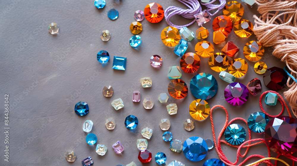 Poster embroidery floss and hexagonal gems scattered on a taupe background