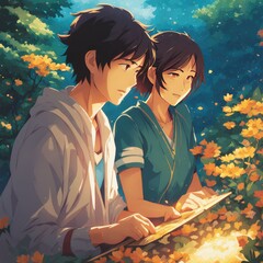 character illustrations of a married couple in anime and cartoon style.