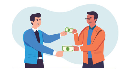 Two businessmen holding dollar. Making business together, financial advice, controlling market