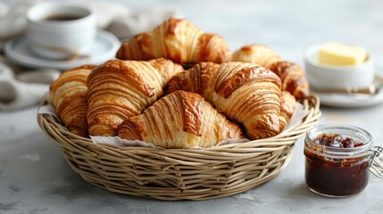 Croissants: A basket of freshly baked croissants, golden and flaky, a side of butter, and a jar of jam. Traditional French breakfast.