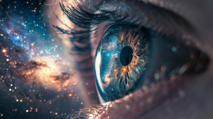 A close up of a person's eye with a galaxy reflected in it