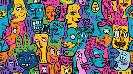 Expressive Hand-Drawn Faces in Colorful Doodle Pattern