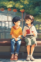 illustration of 2 school children in cartoon and anime style