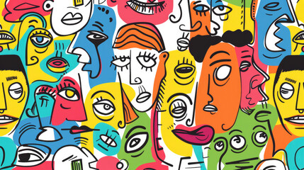 Fototapeta premium Expressive Hand-Drawn Faces in Colorful Doodle Pattern