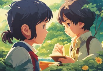 illustration of 2 school children in cartoon and anime style